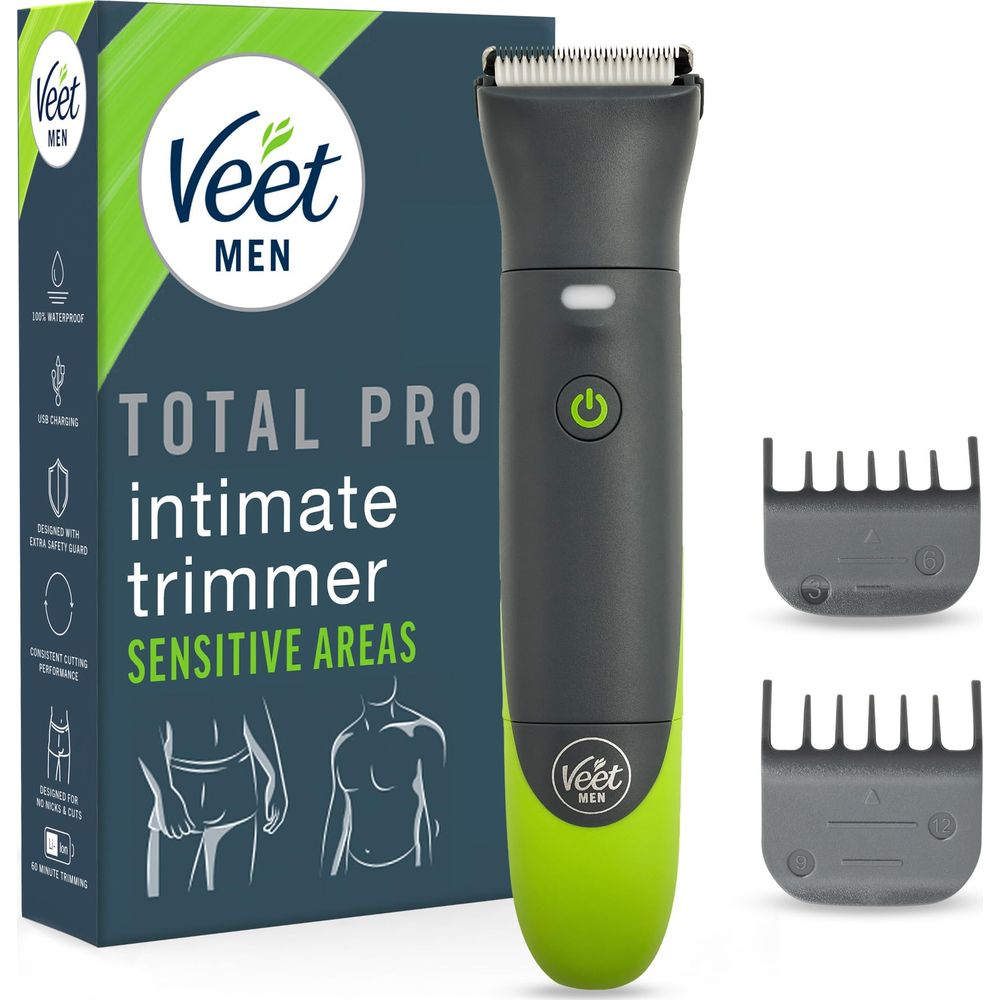 Regolabarba intimo Veet Men Total Pro grigio scuro e verde, con scatola e due pettini guida.
