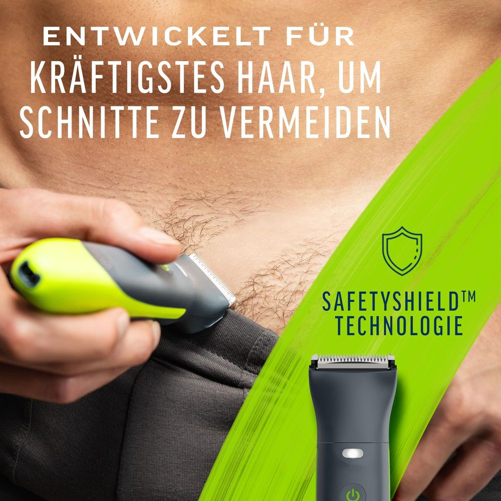 Un rasoio per il corpo viene usato sulla pelle, con testo in tedesco e design verde.