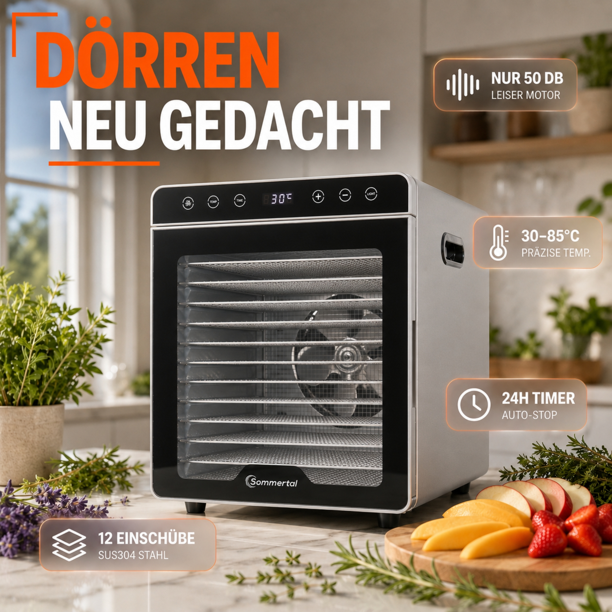 Moderner silberner Dörrautomat mit 12 Edelstahl-Einschüben auf einer Küchentheke mit Obst und Kräutern.