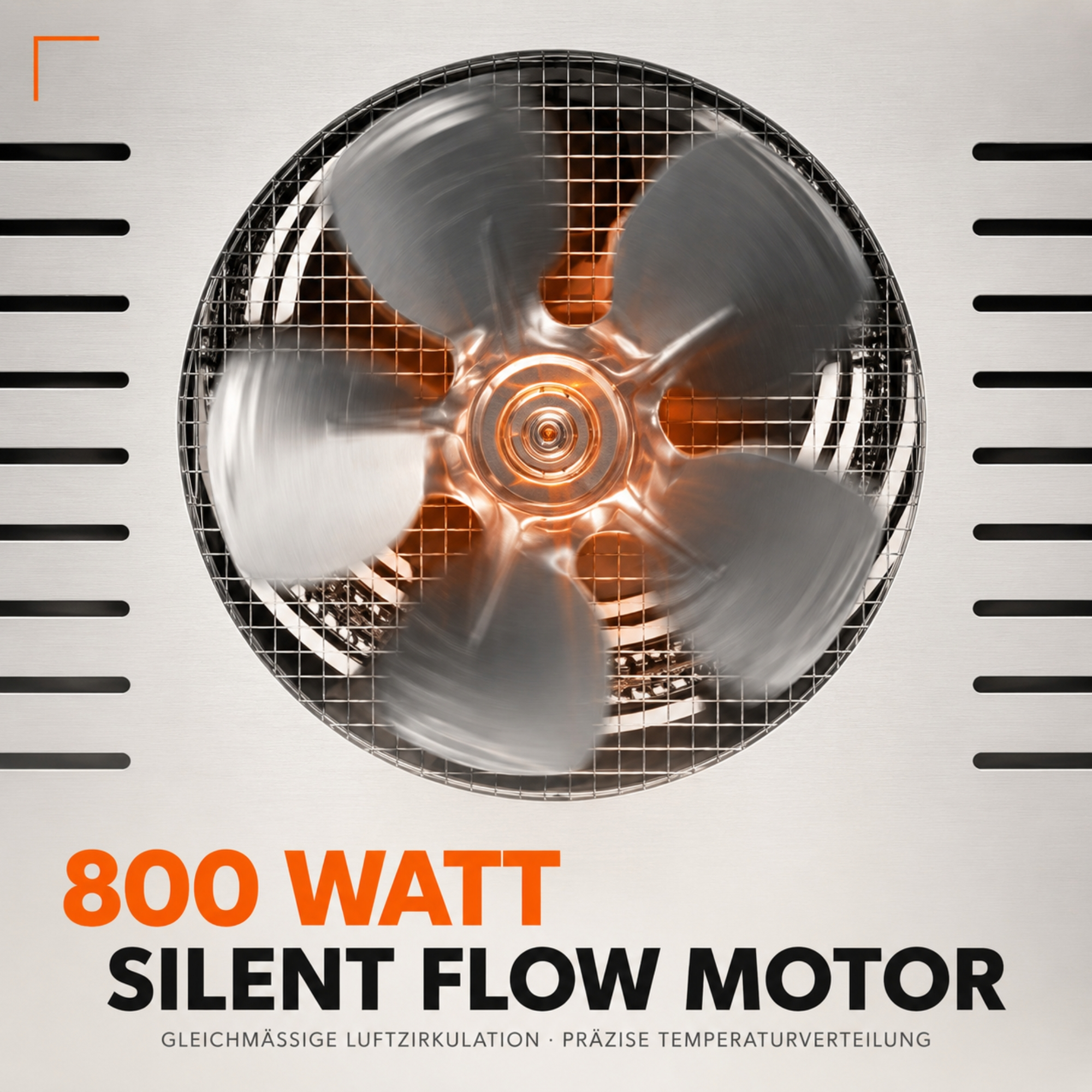 Ein rotierender silberner Ventilator in einem Metallgehäuse mit orangem Licht und schwarzem Text unten.