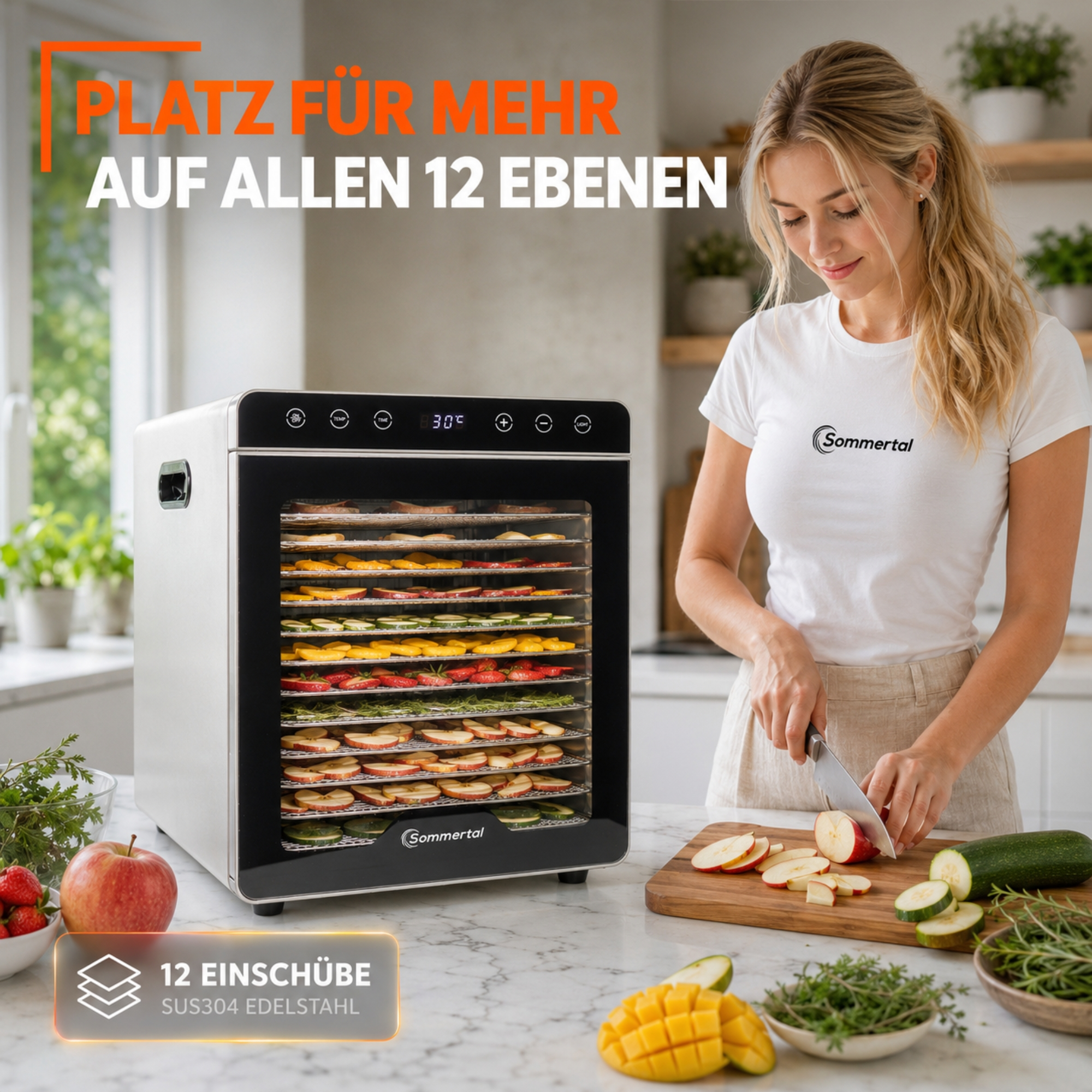 Eine Frau schneidet Früchte neben einem großen silbernen Dörrautomat mit zwölf Ebenen.