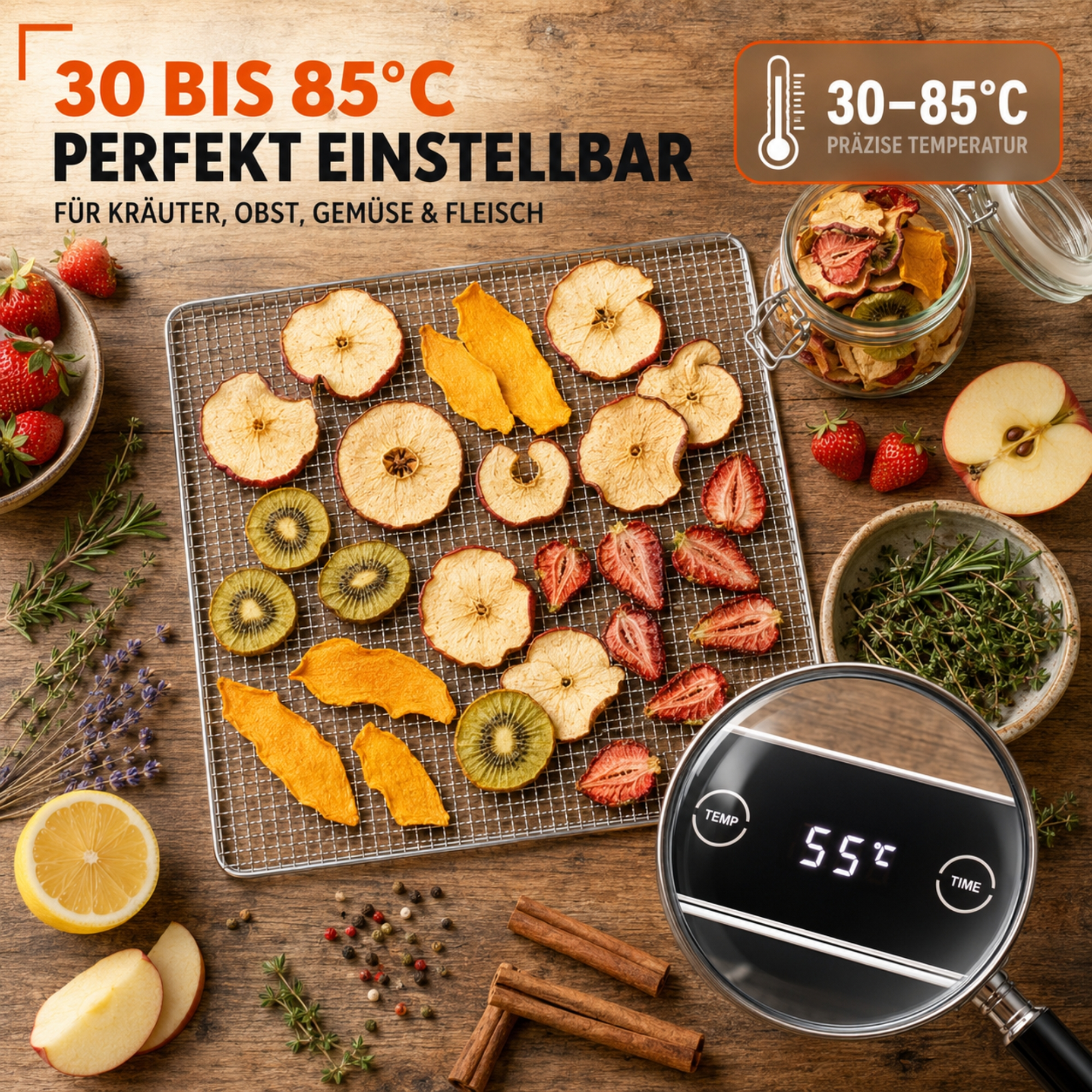 Dörrautomat mit Trockenobst, Kräutern und Gewürzen auf Holztisch, Temperaturanzeige 55°C.