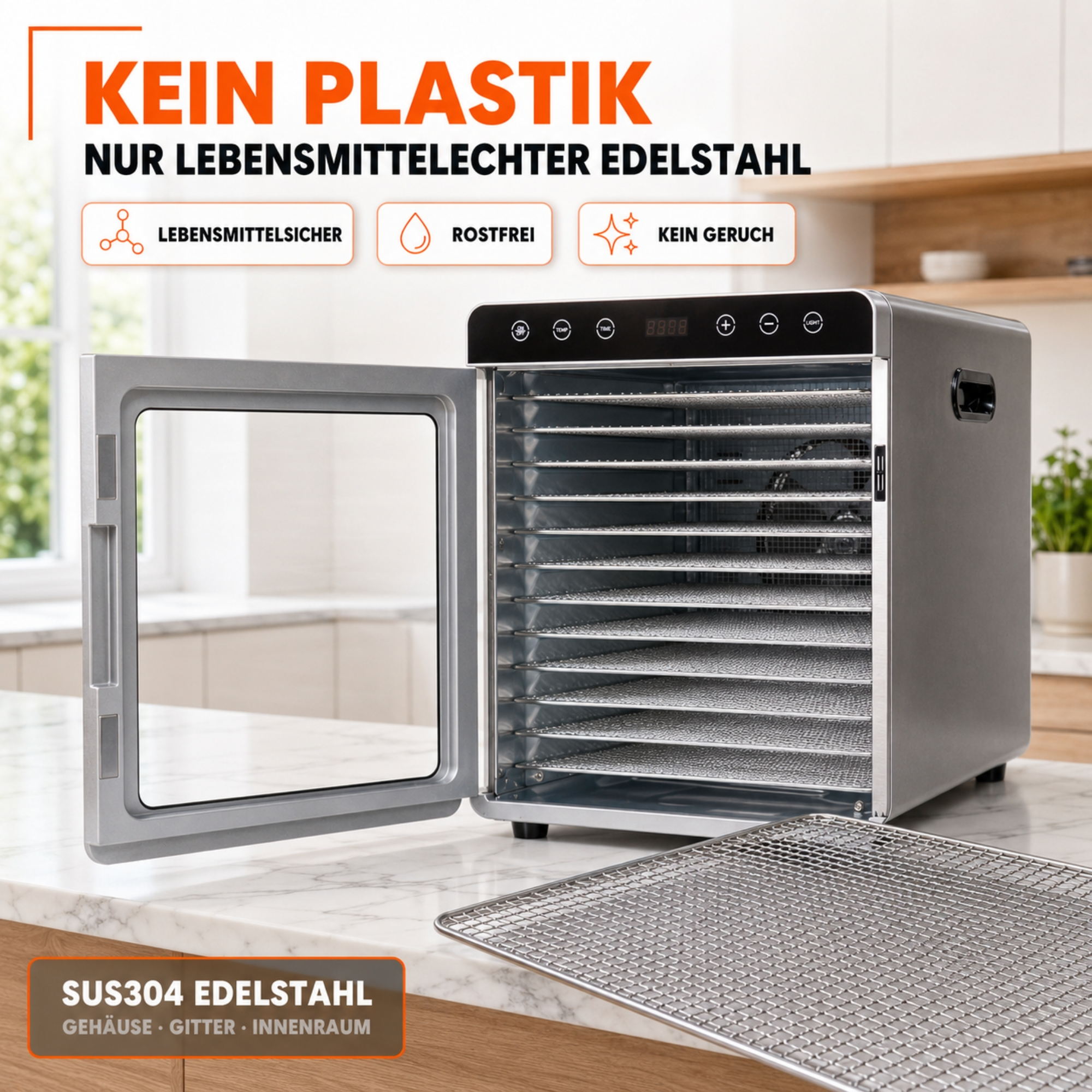 Edelstahl-Dörrautomat mit offener Glastür und herausgenommenem Gitter auf einer Küchenarbeitsplatte.