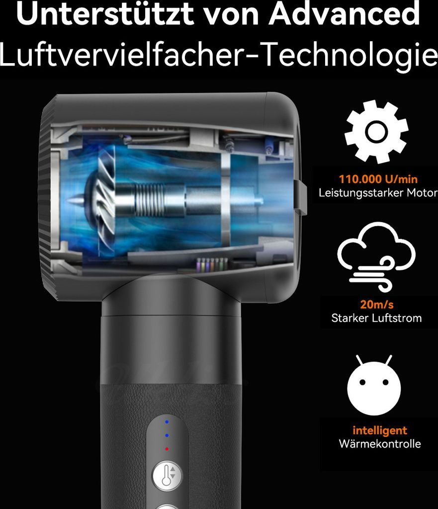 Schnittbild eines schwarzen Haartrockners mit internem Motor und blauem Luftstrom, rechts drei Funktionssymbole.