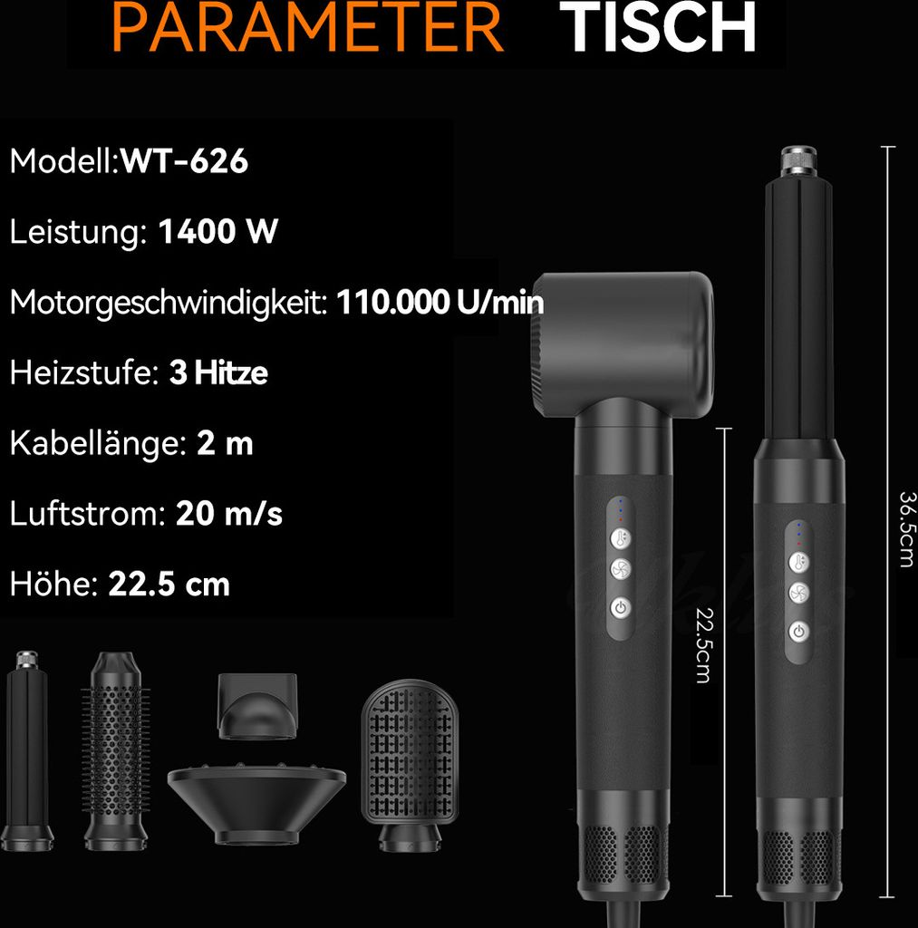 Produktbild eines grauen Haartrockners mit Zubehör und technischen Parametern auf schwarzem Hintergrund.