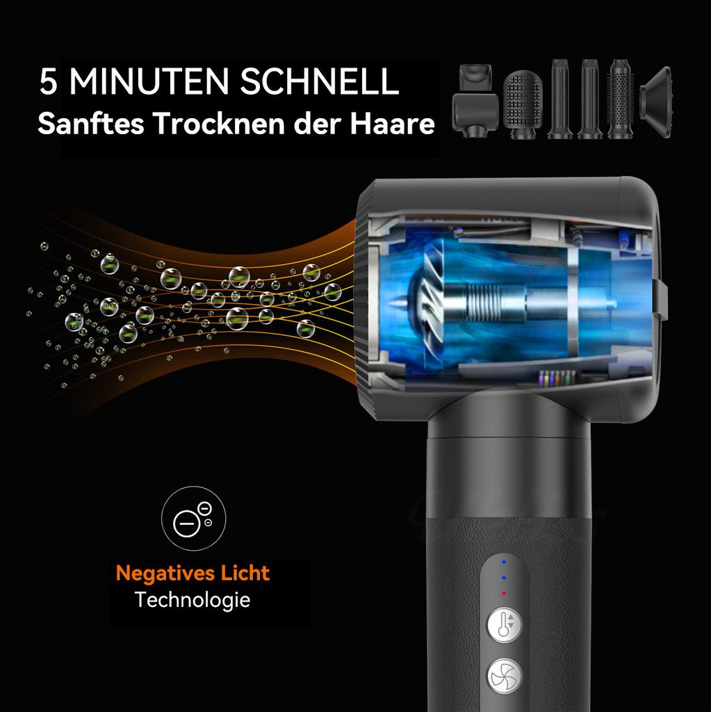 Querschnitt eines modernen Haartrockners mit integrierter Technologie, Wassertropfen und Aufsätzen.