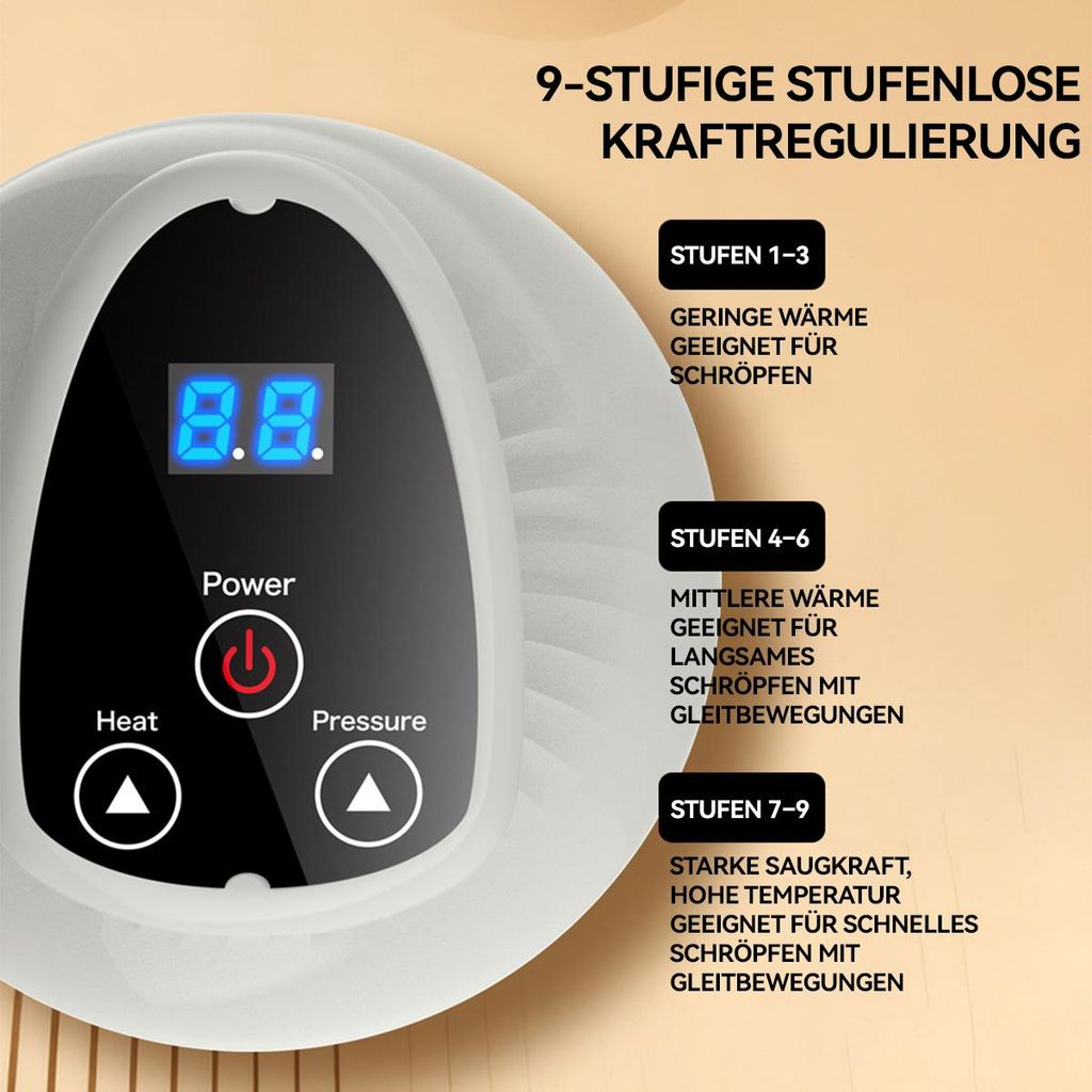 Ein weißes Massagegerät mit digitalem Display und Bedienknöpfen, dazu Erklärungen in deutscher Sprache.