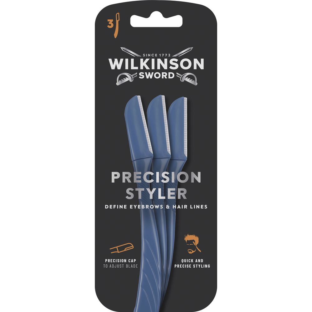 Confezione Wilkinson Sword Precision Styler con tre rasoi per sopracciglia blu su sfondo nero.