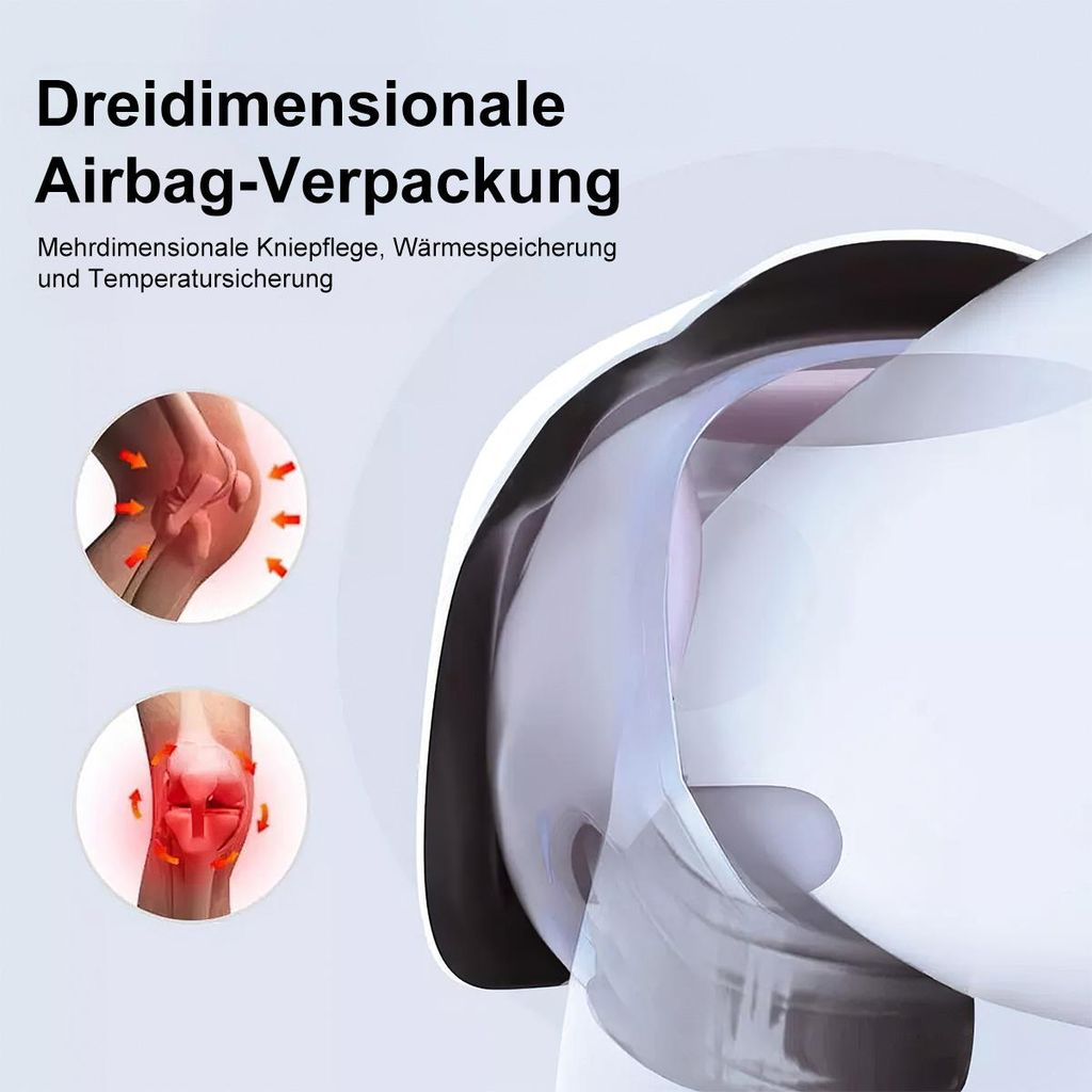 Produktgrafik zeigt dreidimensionale Kniepflege mit Airbags und Wärmespeicherung, inkl. deutscher Beschriftung.