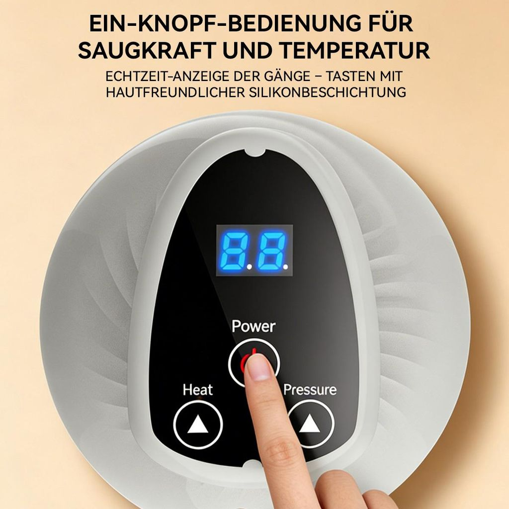 Ein Finger drückt den Ein-Aus-Knopf an einem Gerät mit blauem Display und deutschem Text darüber.
