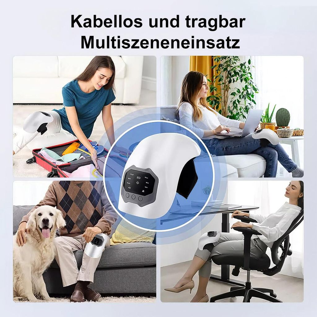 Collage zeigt verschiedene Anwendungen eines tragbaren, kabellosen Knie-Massagegeräts im Alltag.