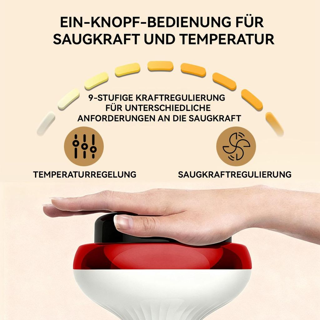 Hand drückt Einknopf-Bedienung für Saugkraft und Temperatur mit deutscher Beschriftung.