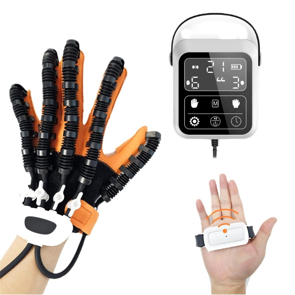 Medizinischer Rehabidungs-Exohandschuh mit Steuereinheit und Sensor.
