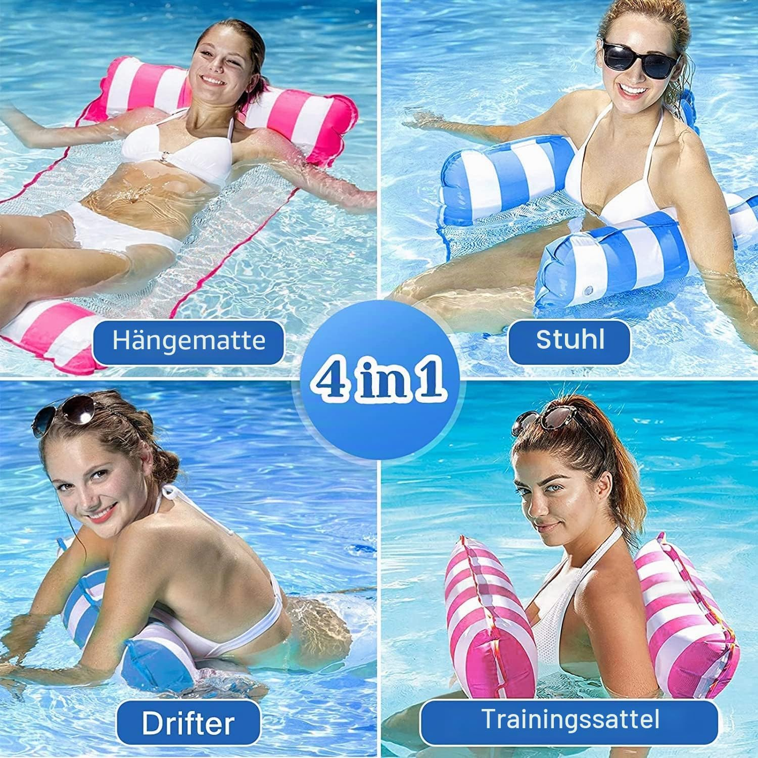 Eine Collage zeigt eine Frau auf einer 4-in-1 Pool-Luftmatratze in vier Modi: Hängematte, Stuhl, Drifter und Sattel.