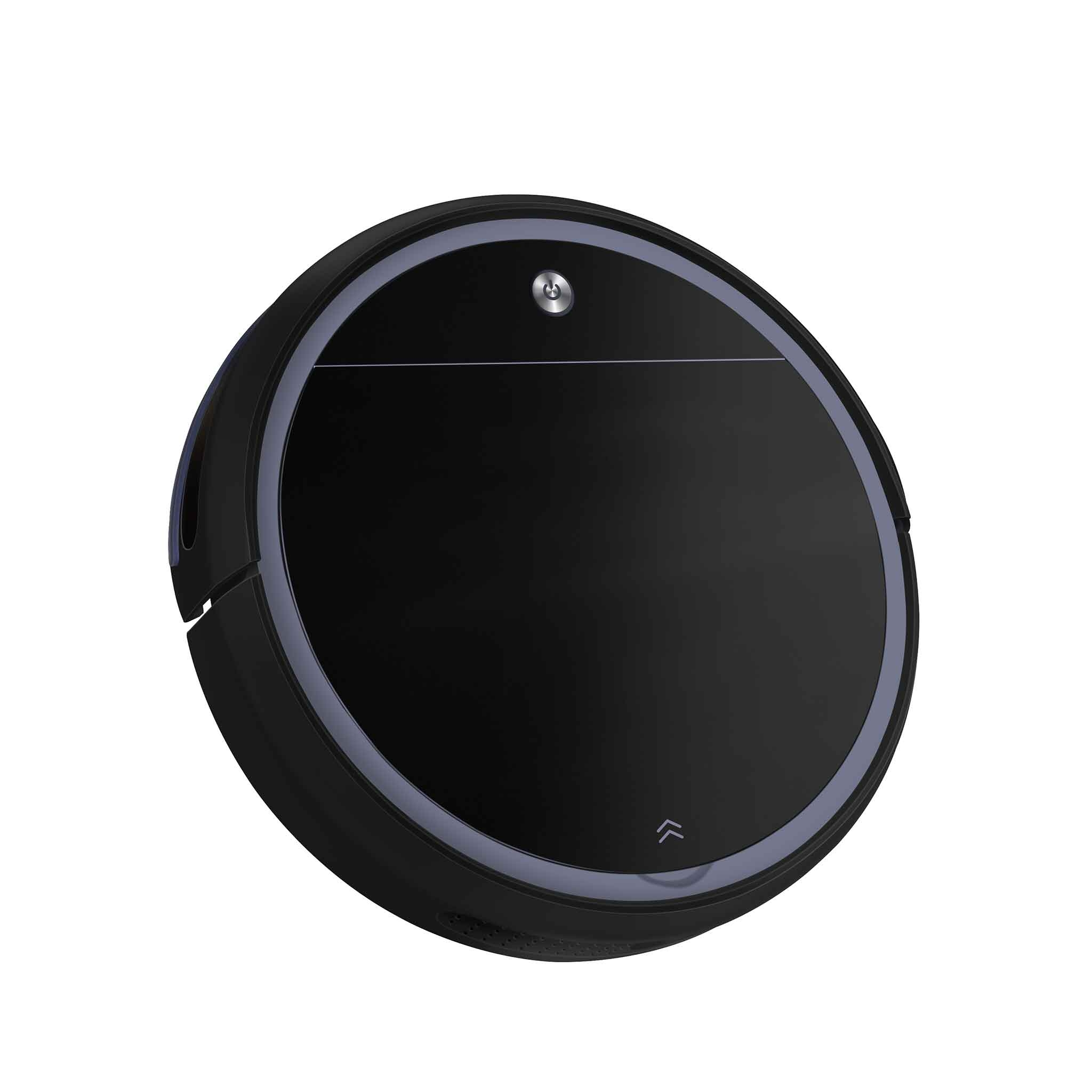 Ein schwarzer Saugroboter mit einer glänzenden Oberfläche und einem runden LED-Ring auf weißem Hintergrund.
