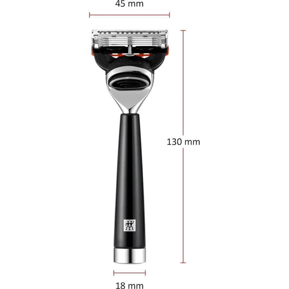 Rasoio nero con dettagli cromati, largo 45 mm, alto 130 mm e con base di 18 mm.