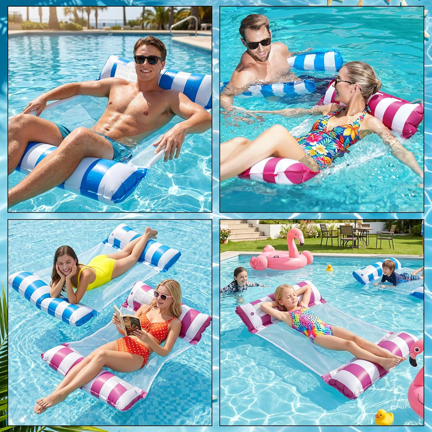 Vier Bilder zeigen Menschen, die auf bunten Wasserhängematten in einem Swimmingpool entspannen.