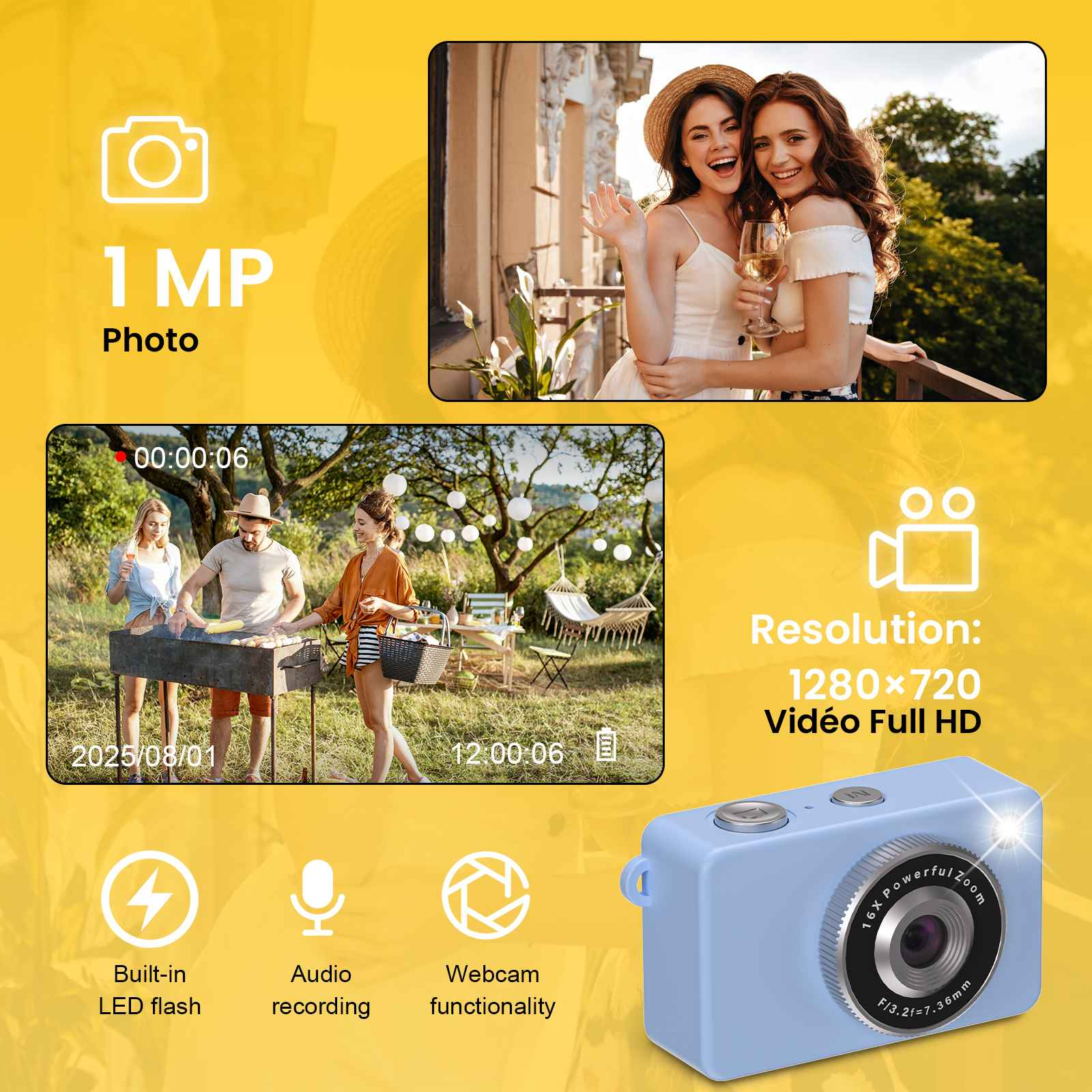 Blaue Kinderkamera mit Icons und Beispielbildern für Foto, Video, Blitz, Audio und Webcam.