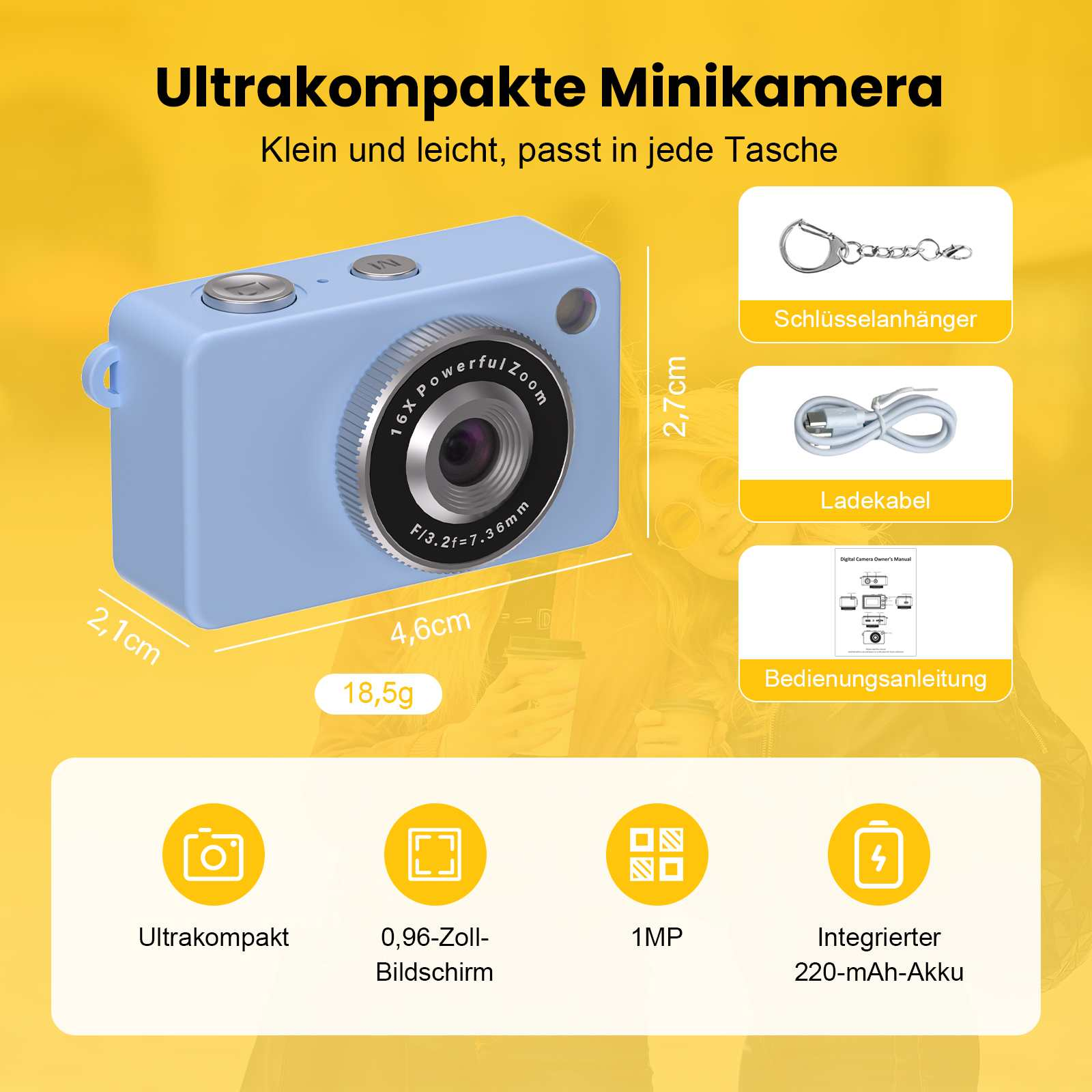 Blaue Mini-Kamera mit Maßen, Zubehör und technischen Daten auf gelbem Hintergrund.