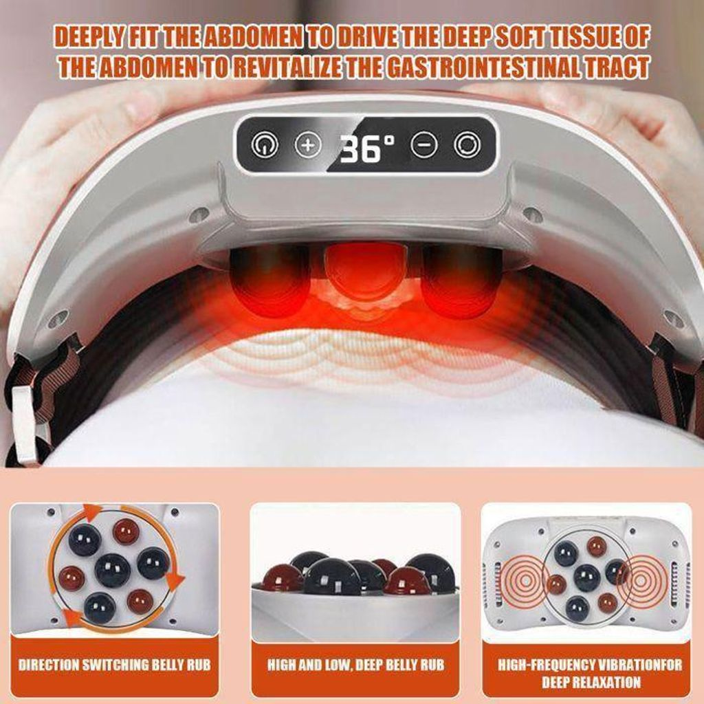 Ein weißes Bauchmassagegerät mit roten Massageköpfen und Textfeldern über den Funktionen.