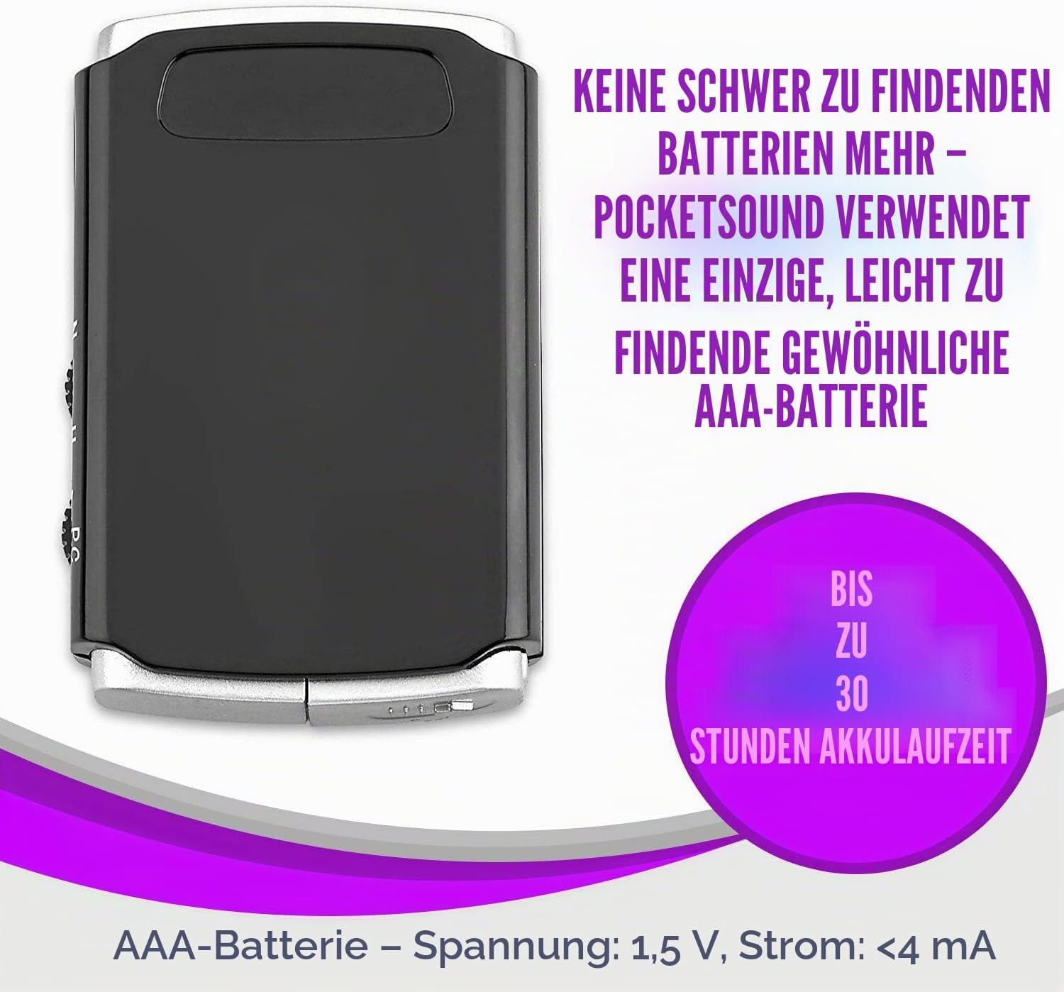 Schwarzes Taschengerät mit silbernen Akzenten, deutscher Text bewirbt AAA-Batterien und 30 Stunden Laufzeit.