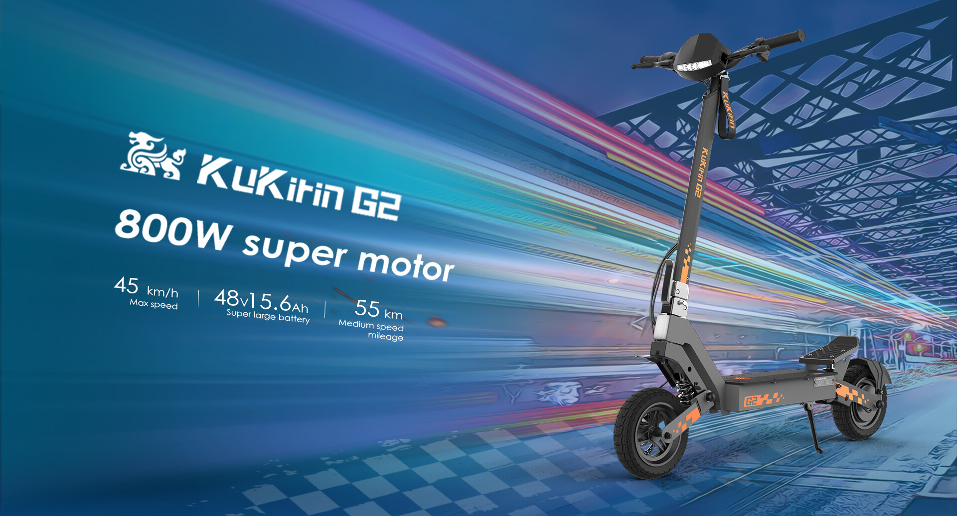 Ein schwarzer KuKirin G2 E-Scooter steht vor einem blau-gestreiften Hintergrund mit technischen Details.