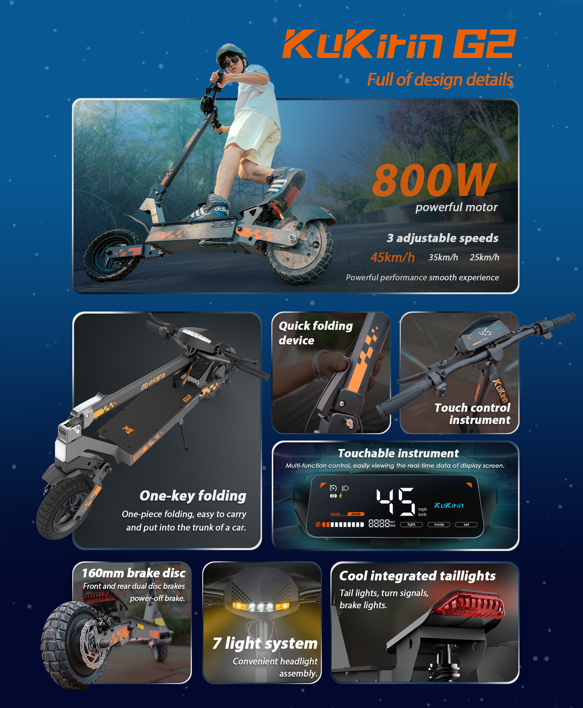 Werbeplakat für KuKirin G2 E-Scooter mit Features wie Motor, Display, Bremsen und Beleuchtung.