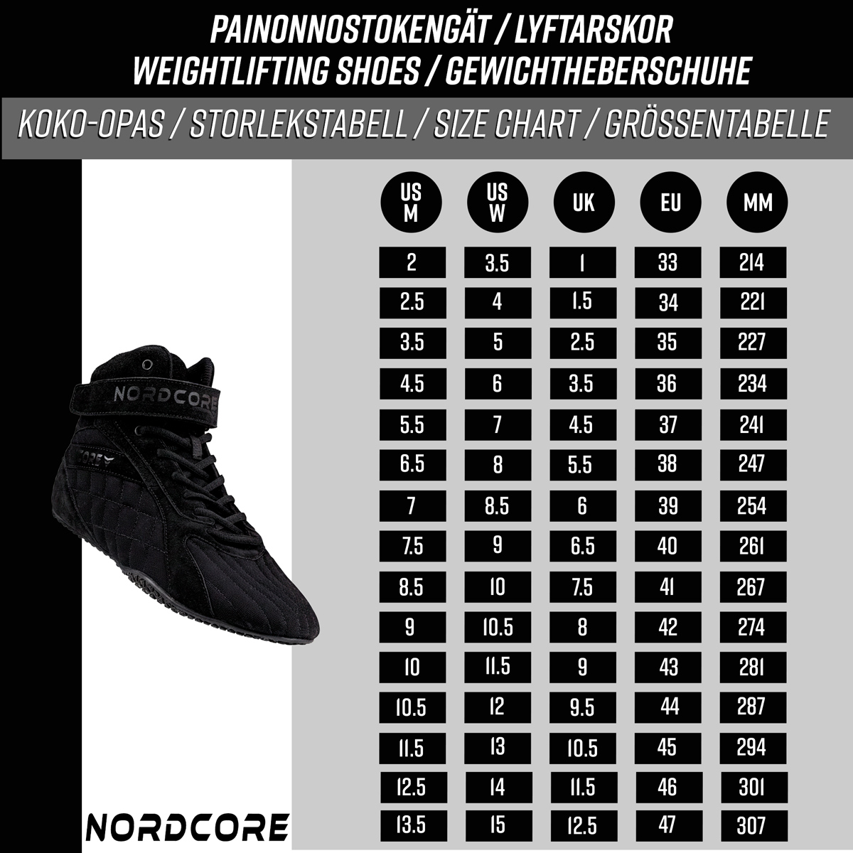 Grössentabelle für Nordcore Gewichtheberschuhe mit einer schwarzen Schuhabbildung.