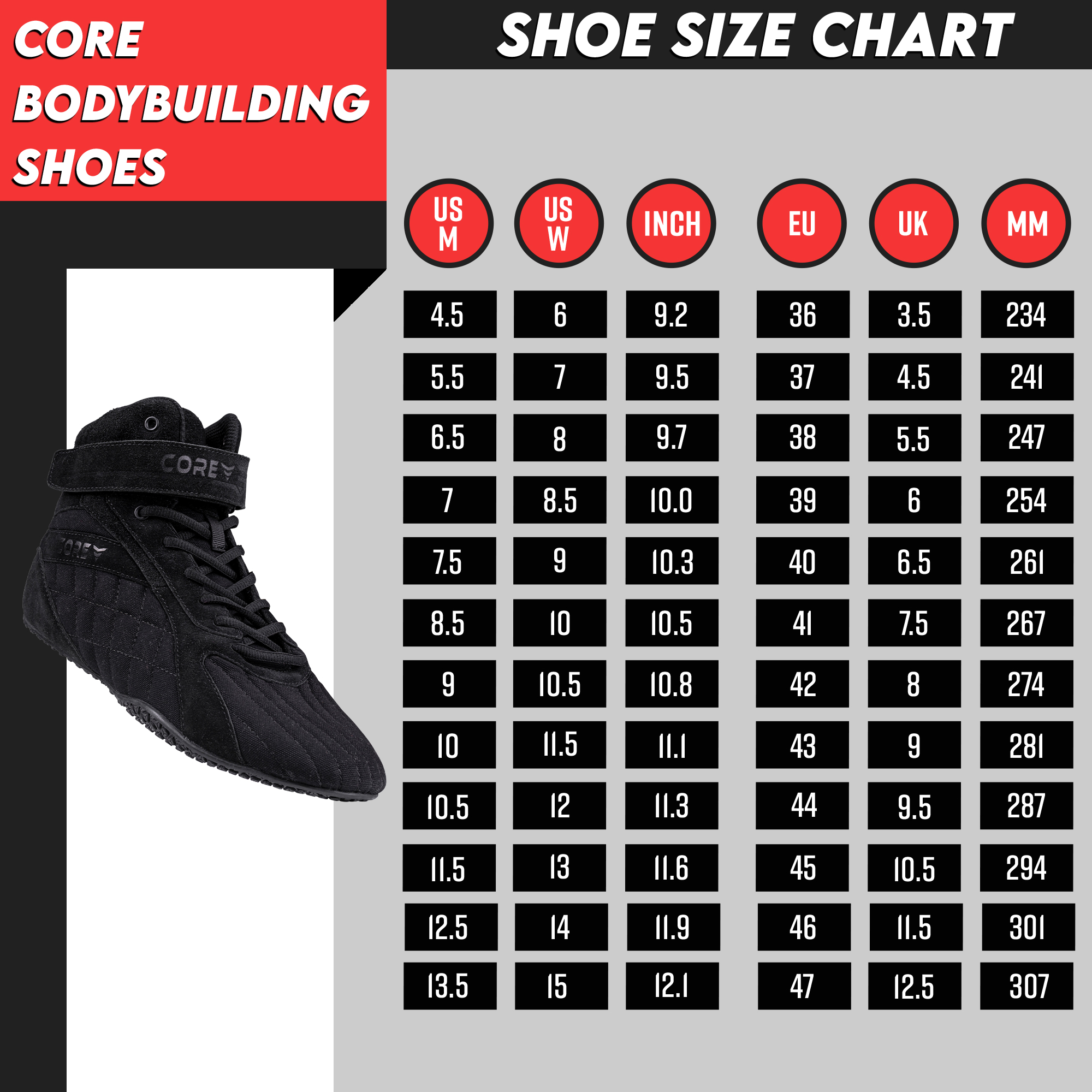 Schuhgrößentabelle für Core Bodybuilding Schuhe zeigt US, EU, UK und mm Maße neben einem schwarzen Schuh.