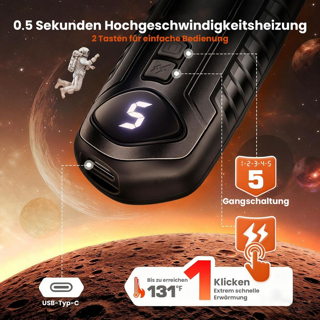 Schwarzes Handgerät mit Display vor Weltraumhintergrund, USB-C-Anschluss und 131°F Erwärmung.