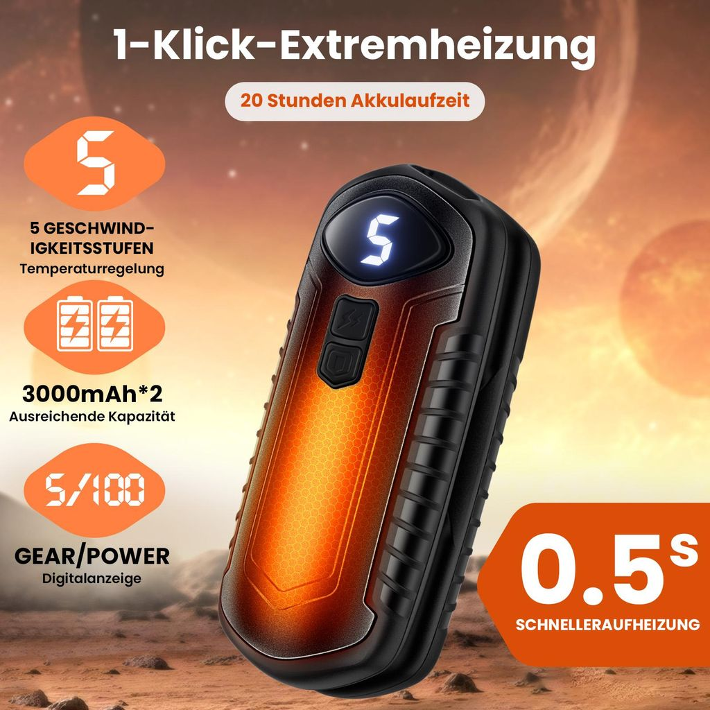 Ein schwarzer, oranger Handwärmer mit digitalem Display vor einer marsähnlichen Landschaft mit Werbetext.