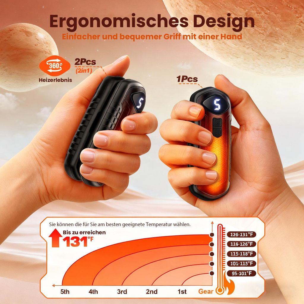 Zwei Hände halten ergonomische, beheizbare Handwärmer mit digitaler Temperaturanzeige vor einem orangefarbenen Hintergrund.