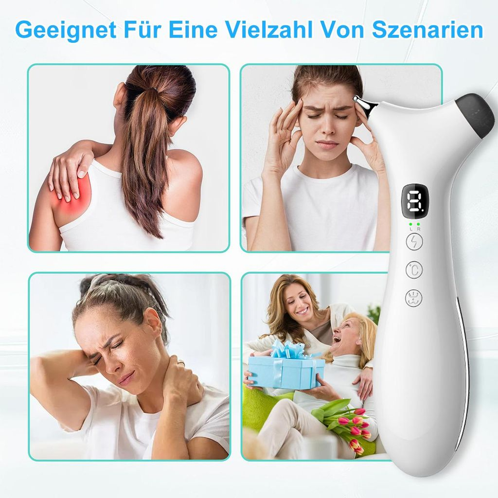 Ein weißes Massagegerät und vier Bilder mit Frauen, die Schmerzen lindern oder Geschenke erhalten.