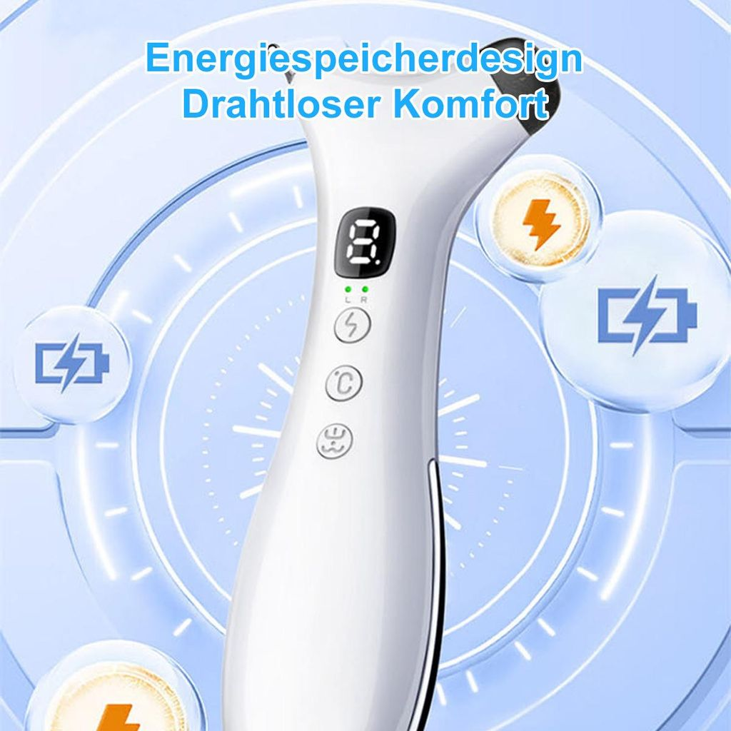 Weißes, kabelloses Kosmetikgerät mit Display und Knöpfen vor blauem Hintergrund mit Energiesymbolen.