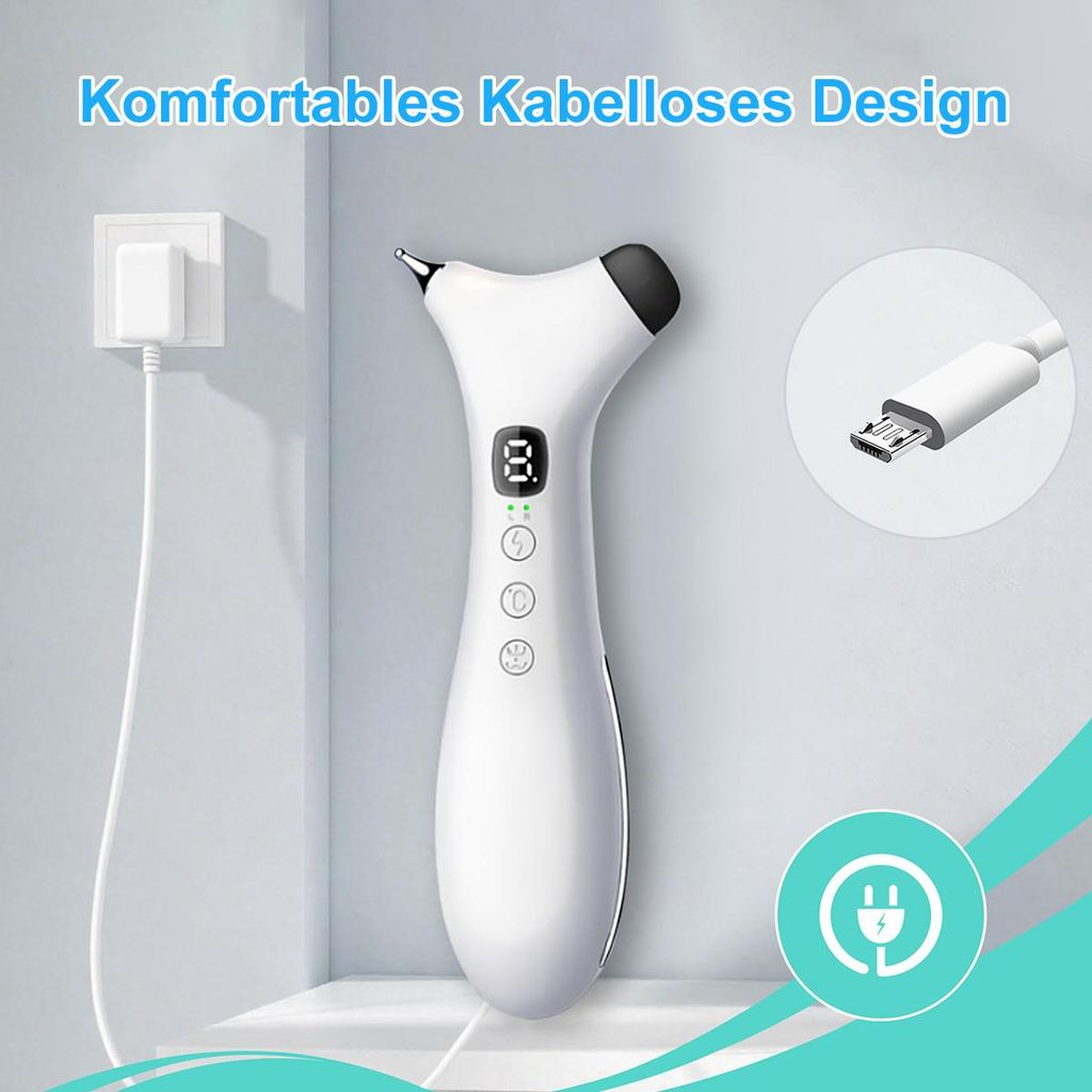 Weißes, kabelloses Kosmetikgerät mit Display und Ladekabel vor hellem Hintergrund.