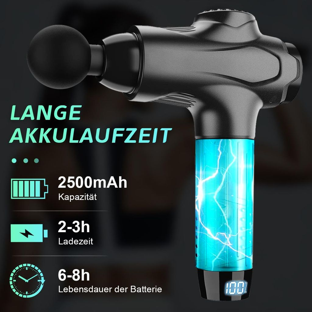 Schwarze Massagepistole mit blau leuchtendem Akku und Akku-Informationen links.