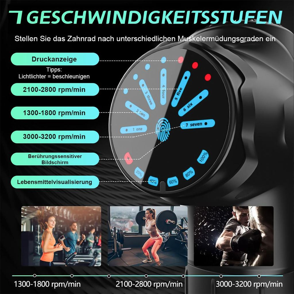 Display eines Massagegeräts zeigt 7 Geschwindigkeitsstufen und verschiedene Trainingsbilder.