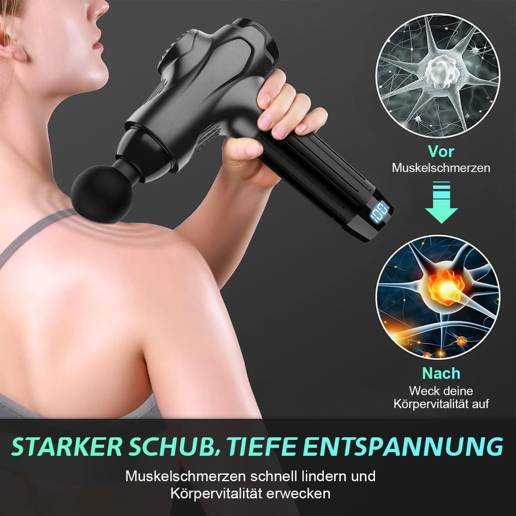 Eine Frau massiert ihre Schulter mit einer schwarzen Massagepistole. Zwei Kreise zeigen Nerven vor und nach der Anwendung.