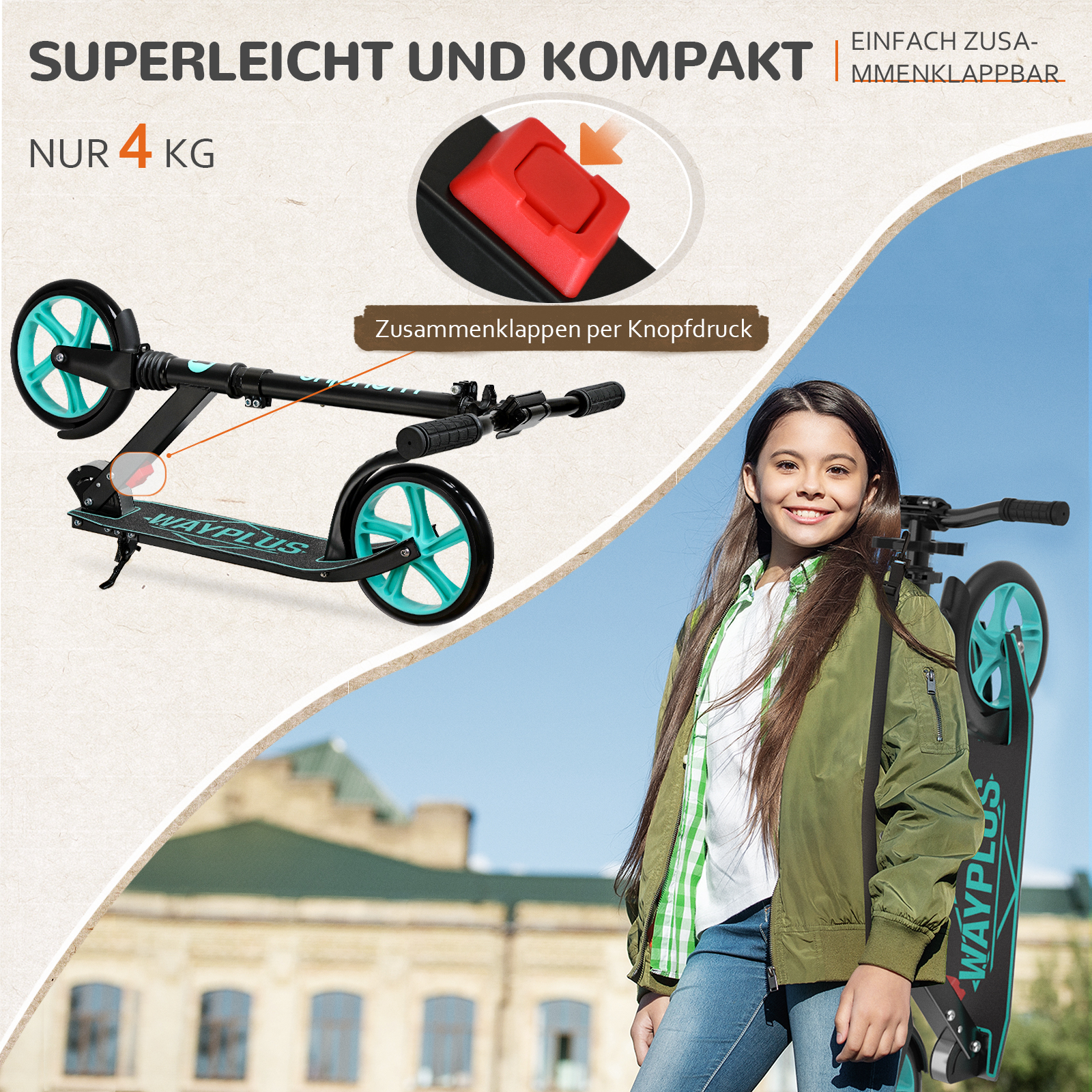 Ein junges Mädchen lächelt und trägt draußen einen kompakten schwarz-türkisen Klapproller auf dem Rücken.