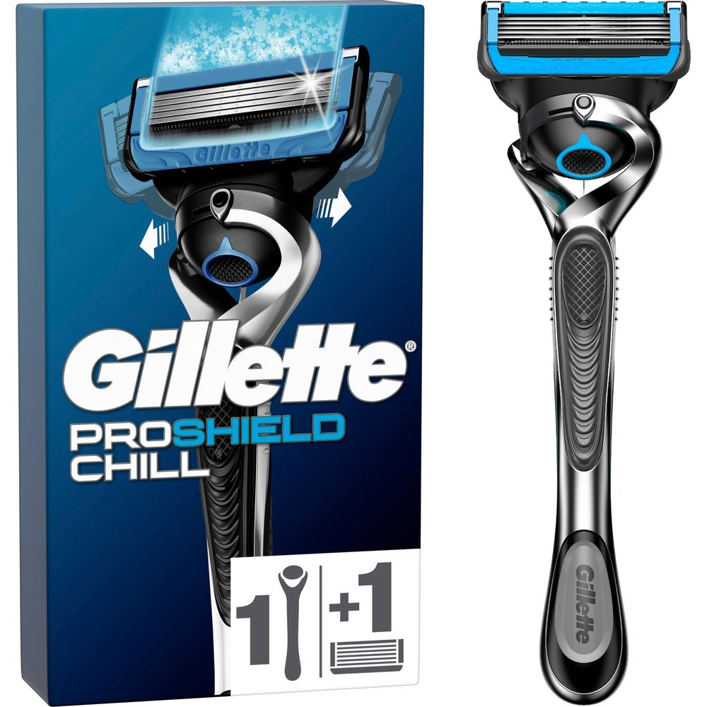 Rasoio Gillette ProShield Chill con lama blu e la sua confezione su sfondo bianco.