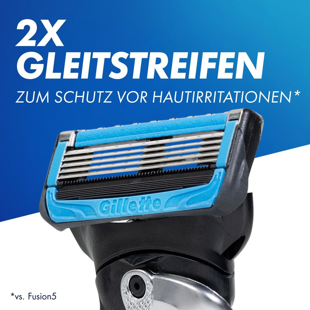Primo piano di un rasoio Gillette con strisce lubrificanti blu e lame su sfondo blu.