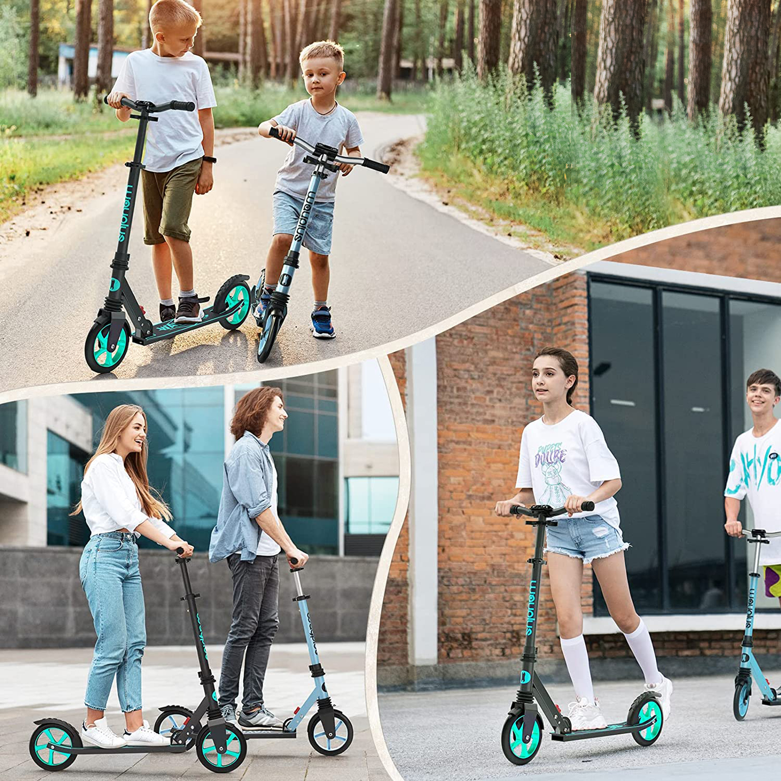 Kinder und Erwachsene fahren auf hellblauen und schwarzen Tretrollern im Freien.