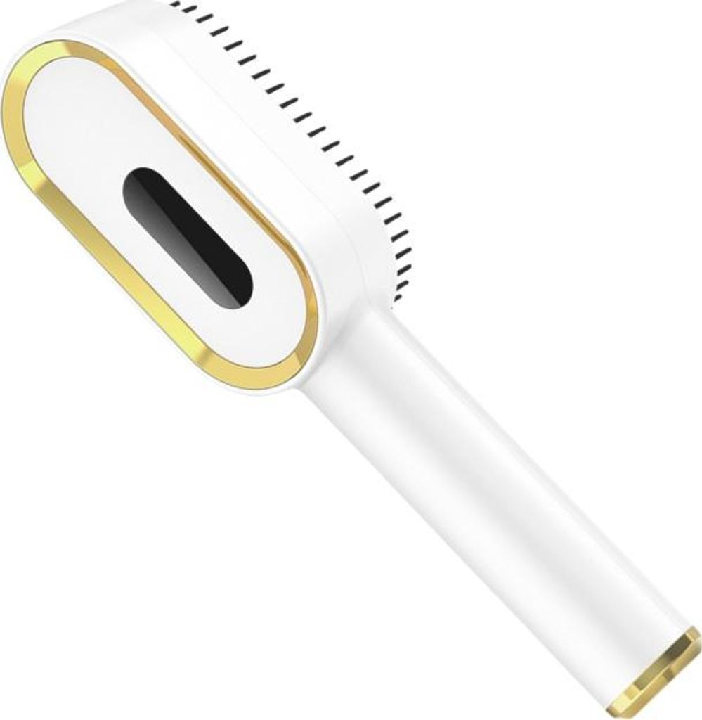 Ein weiß-goldenes Hand-Elektronikgerät mit ovalem Kopf und kurzen Borsten auf weißem Hintergrund.