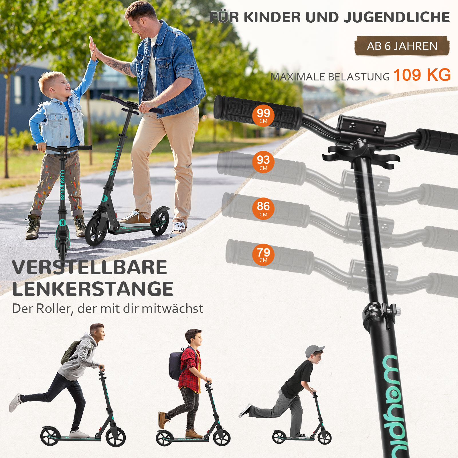 Ein Vater und Kind fahren auf Rollern, Detailansicht der verstellbaren Lenkstange in vier Höhen.