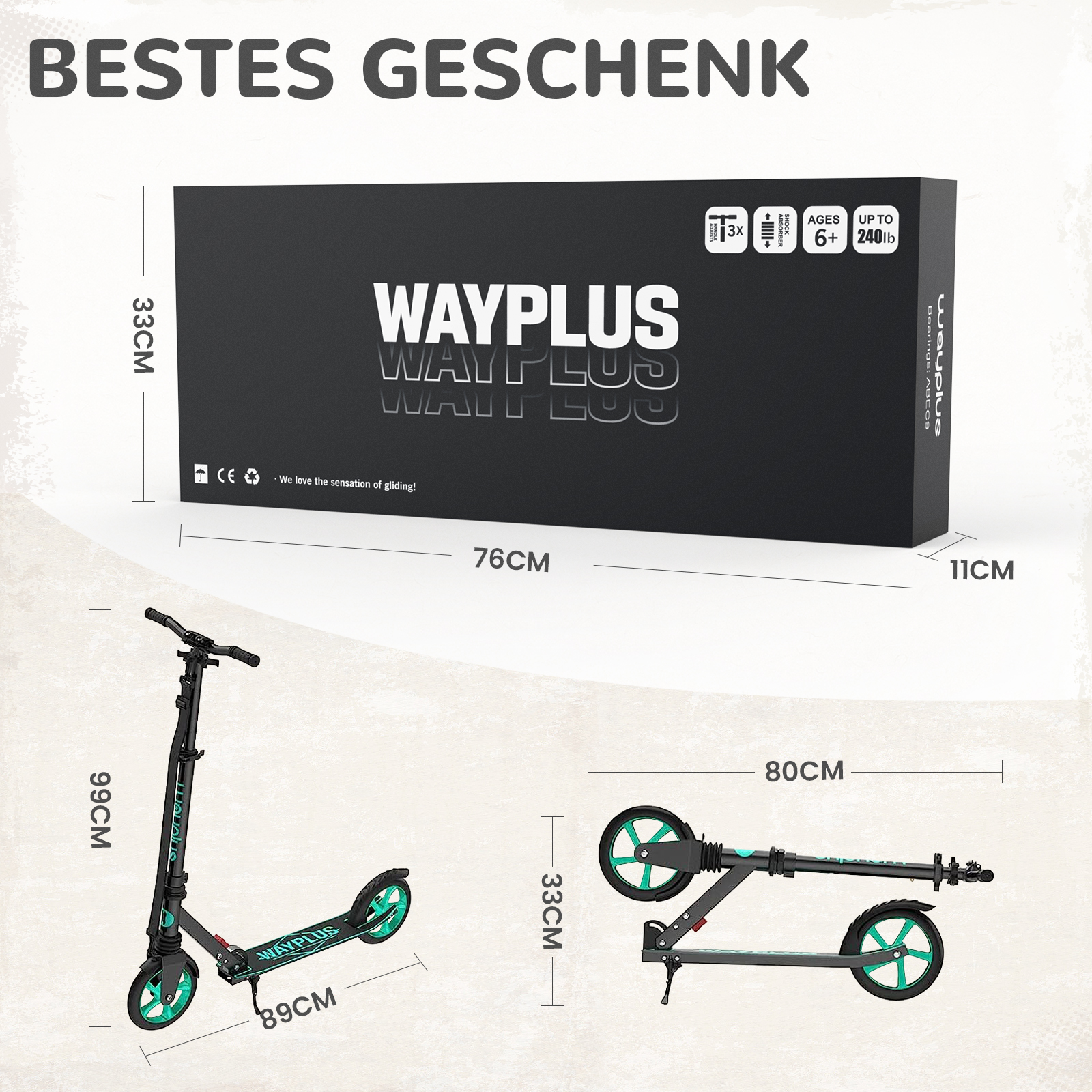 Produktgrafik zeigt Wayplus-Tretroller mit Maßen und Verpackungskarton.
