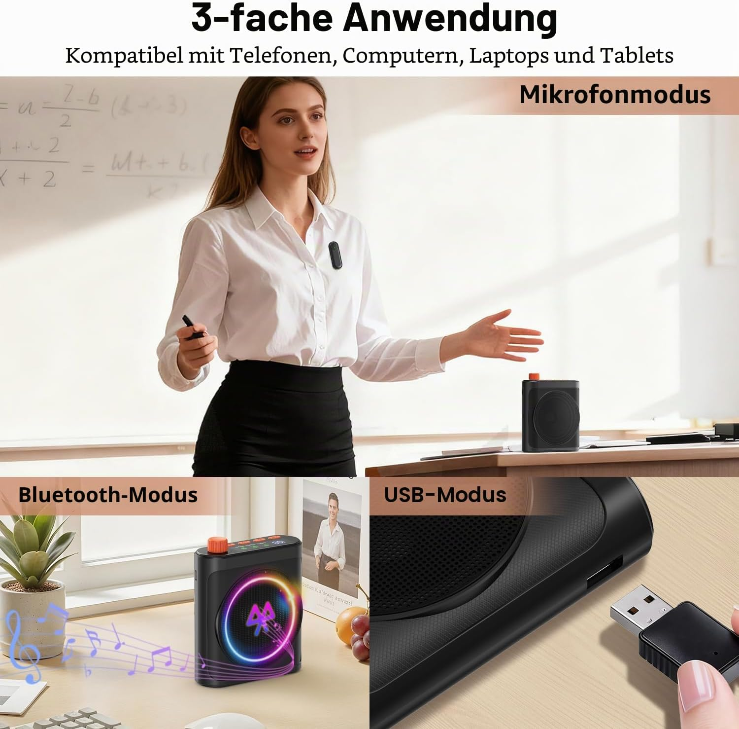 Eine Lehrerin hält einen Stift vor einer Tafel, mit Inhalten zu Mikrofon-, Bluetooth- und USB-Modus.