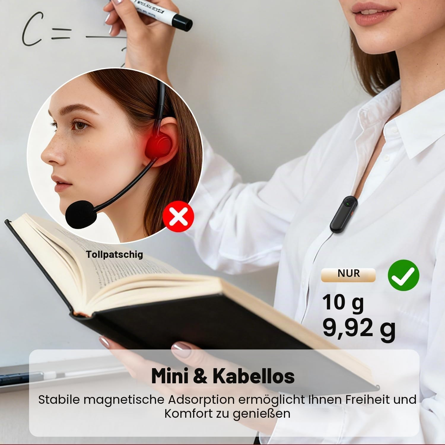 Vergleich von schwerem Headset und leichtem Clip-Mikrofon an einer Frau mit Buch.