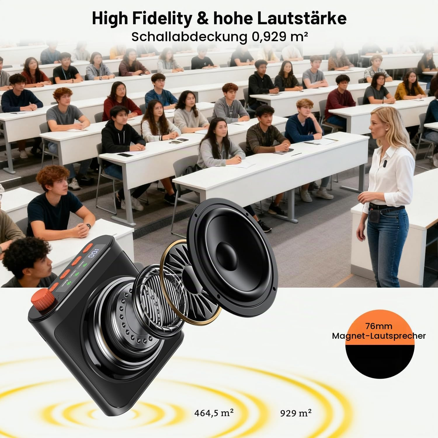 Ein tragbarer Lautsprecher mit sichtbaren inneren Komponenten schwebt vor einem Hörsaal mit Studenten.