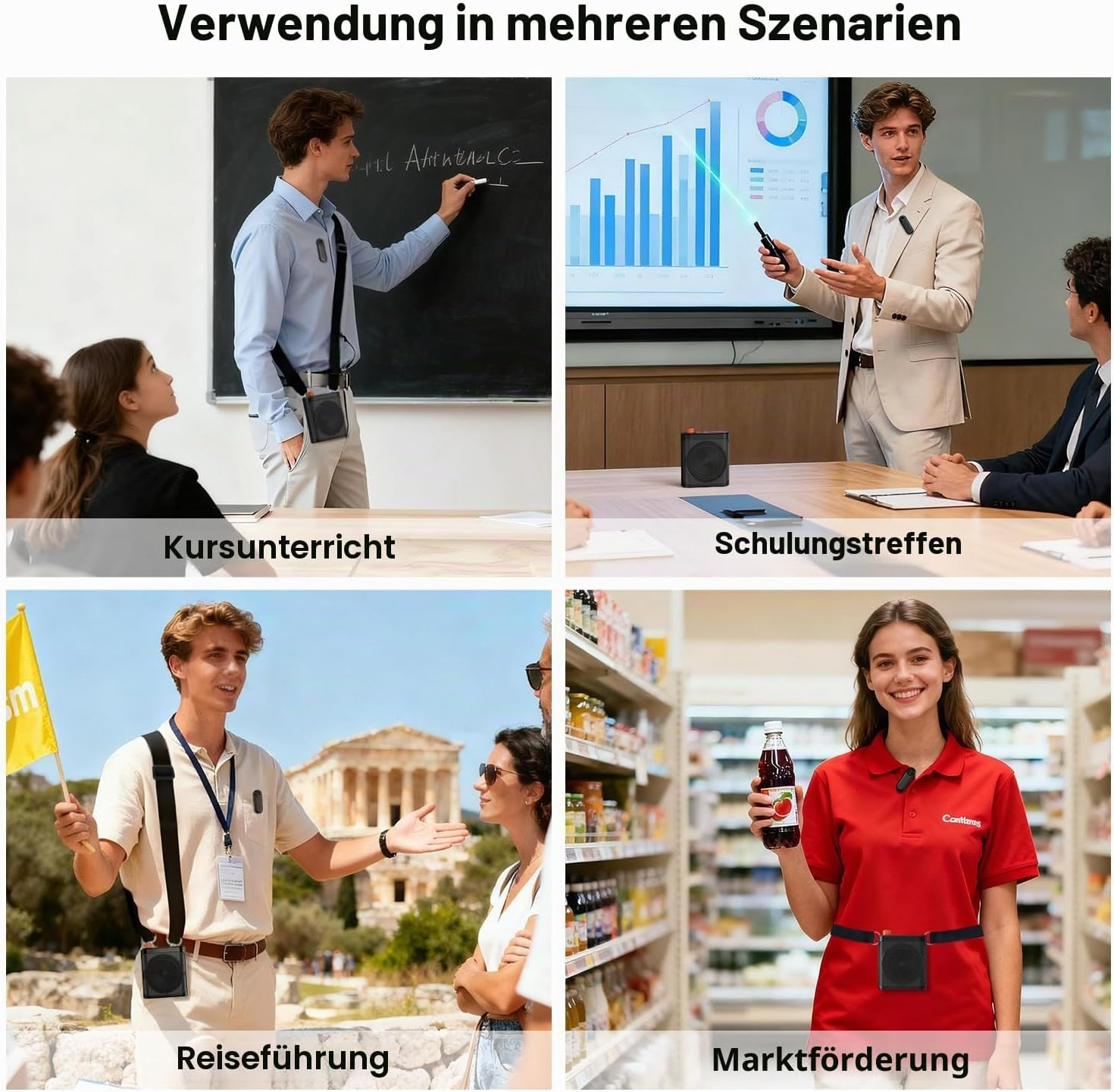 Vier Bilder zeigen den Einsatz eines kleinen Sprachverstärkers in Kursen, Meetings, Führungen und im Supermarkt.