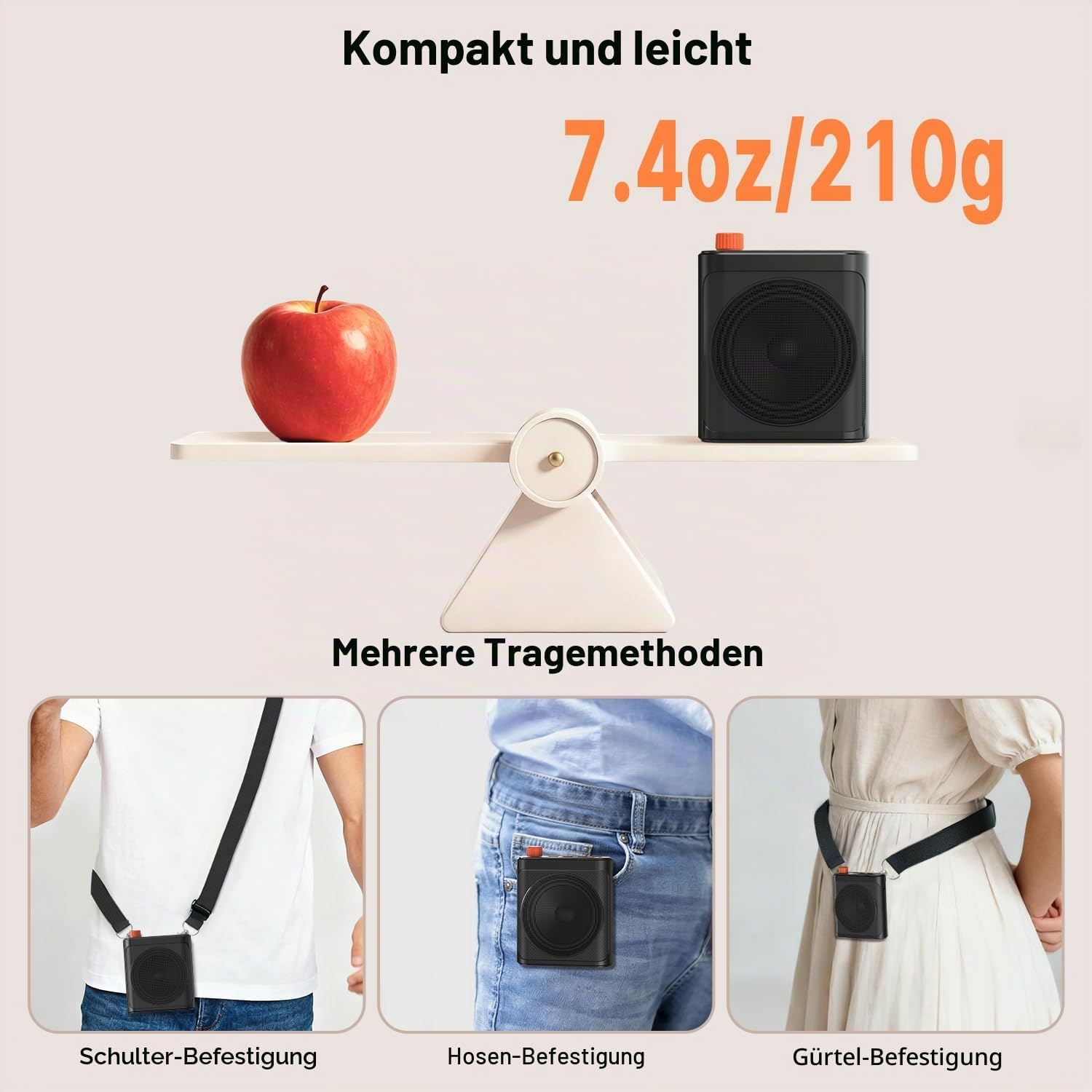 Ein Apfel und eine leichte schwarze Box auf einer Waage, unten mit drei verschiedenen Trageoptionen.